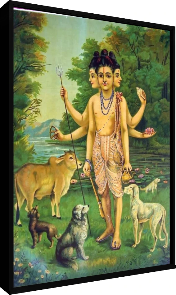Classic painting of Lord Dattatreya with three heads, six arms, Kamadhenu cow, and four dogs in a lush forest. — floater frame preview | PrintPosters.in