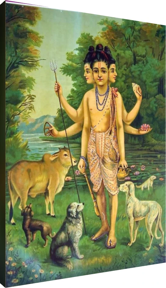 Classic painting of Lord Dattatreya with three heads, six arms, Kamadhenu cow, and four dogs in a lush forest. | PrintPosters.in