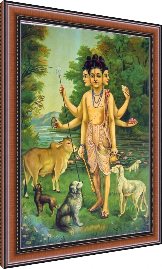 Classic painting of Lord Dattatreya with three heads, six arms, Kamadhenu cow, and four dogs in a lush forest. — photo frame preview | PrintPosters.in