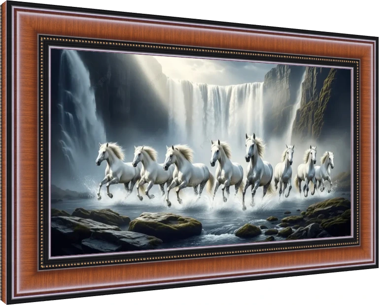 Seven majestic white horses galloping through splashing water with a massive waterfall and sunbeams in the background. — photo frame preview | PrintPosters.in