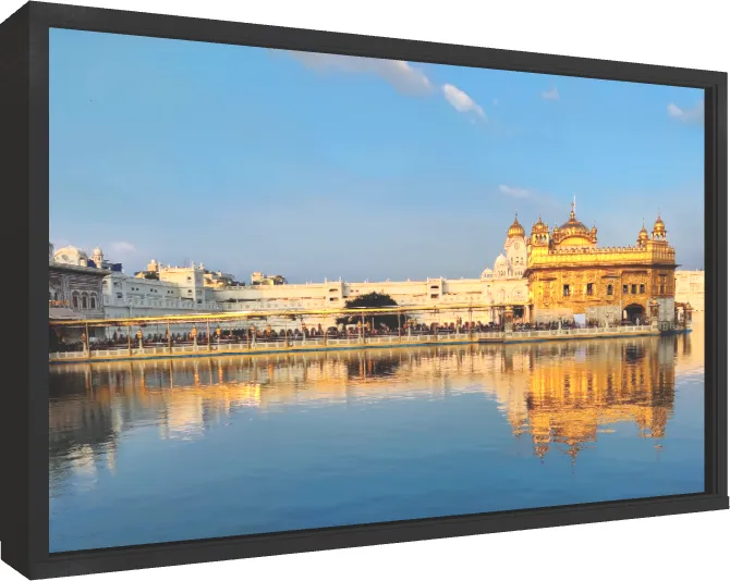 Vibrant Golden Temple Sikh Devotion Art — floater frame preview | PrintPosters.in