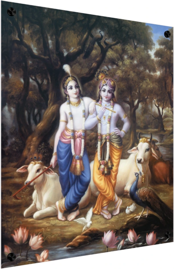 A realistic painting of Sri Krishna and Balarama standing together in a Vrindavan forest surrounded by cows and a peacock. — acrylic preview | PrintPosters.in