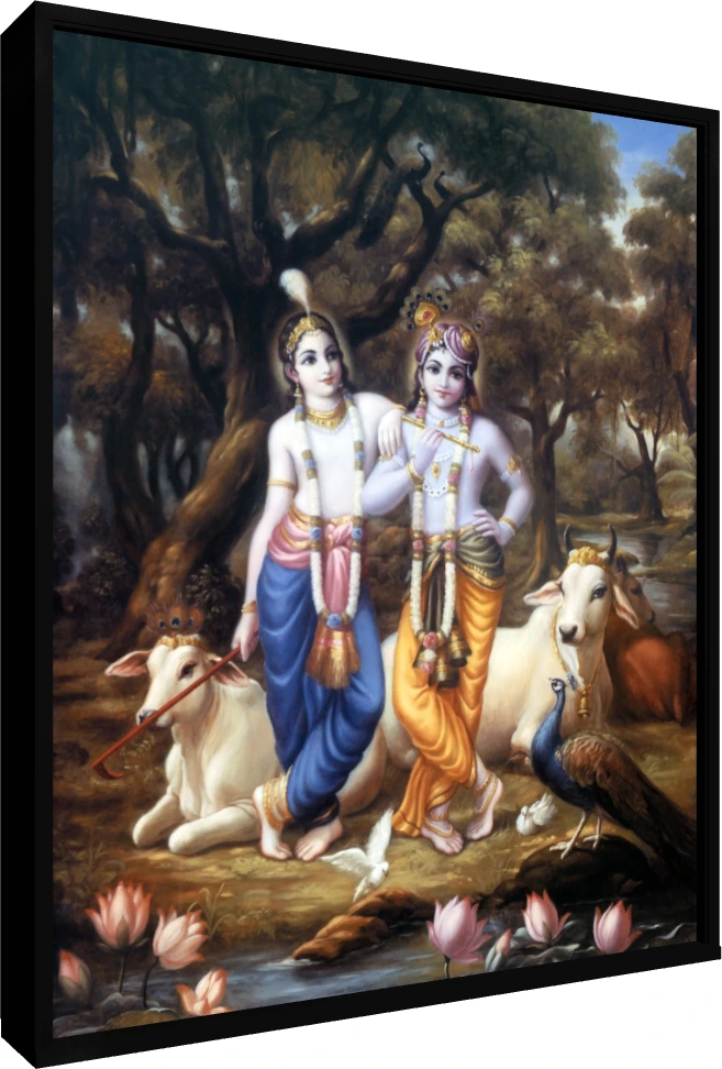 A realistic painting of Sri Krishna and Balarama standing together in a Vrindavan forest surrounded by cows and a peacock. — floater frame preview | PrintPosters.in