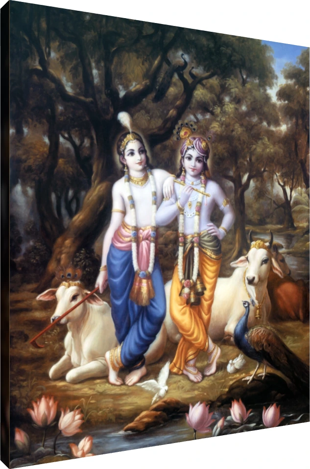 A realistic painting of Sri Krishna and Balarama standing together in a Vrindavan forest surrounded by cows and a peacock. | PrintPosters.in