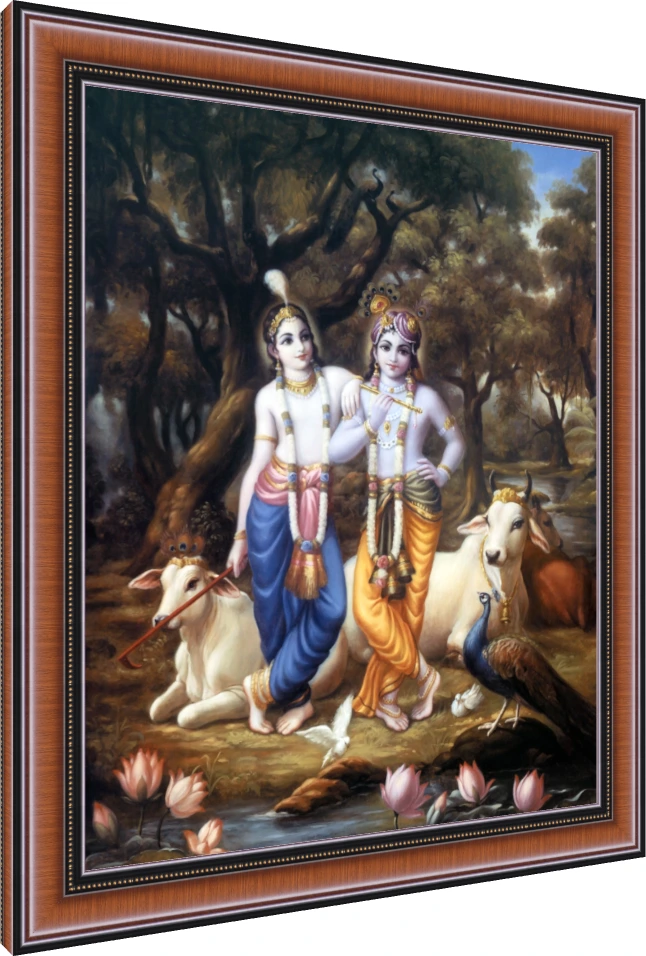 A realistic painting of Sri Krishna and Balarama standing together in a Vrindavan forest surrounded by cows and a peacock. — photo frame preview | PrintPosters.in