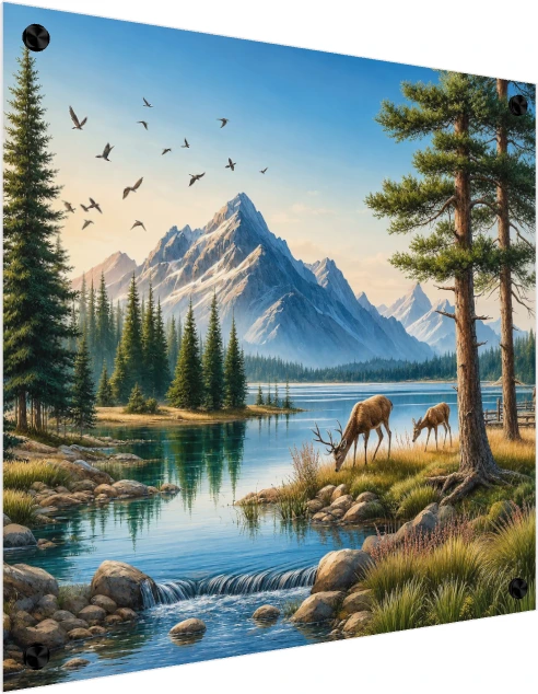 Tranquil Shore Mountain Deer Landscape — acrylic preview | PrintPosters.in
