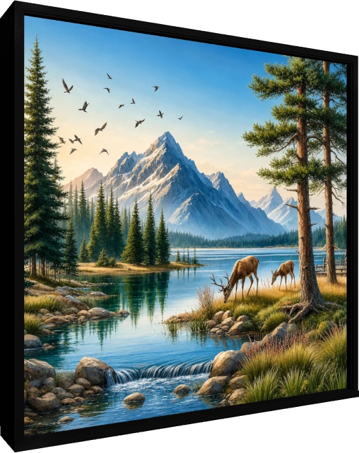 Tranquil Shore Mountain Deer Landscape Canvas wall art print — floater frame preview | PrintPosters.in