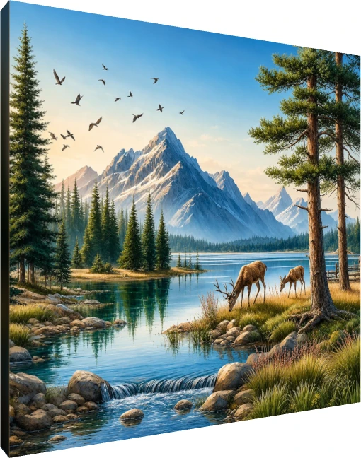 Tranquil Shore Mountain Deer Landscape | PrintPosters.in