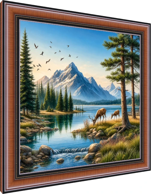 Tranquil Shore Mountain Deer Landscape — photo frame preview | PrintPosters.in