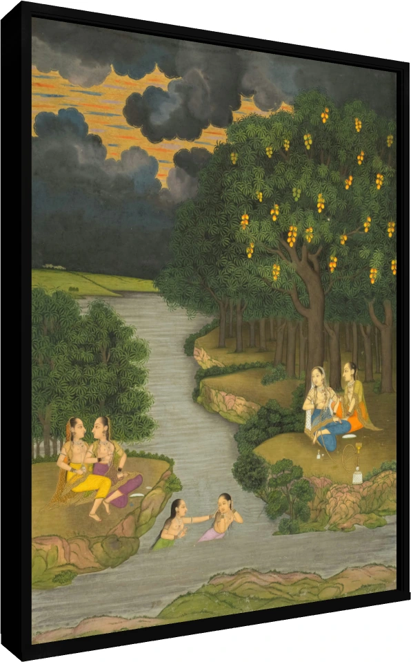 Women by the River under Stormy Sky Canvas wall art print — floater frame preview | PrintPosters.in