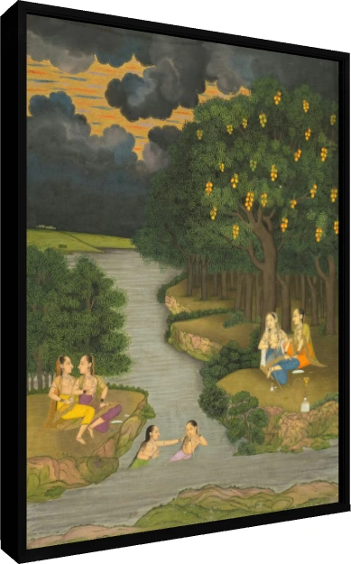 Women by the River under Stormy Sky Canvas wall art print — floater frame preview | PrintPosters.in