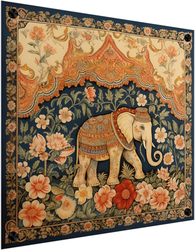 A highly decorative royal elephant walking through a lush floral garden under an ornate orange canopy in Pichwai style. — acrylic preview | PrintPosters.in