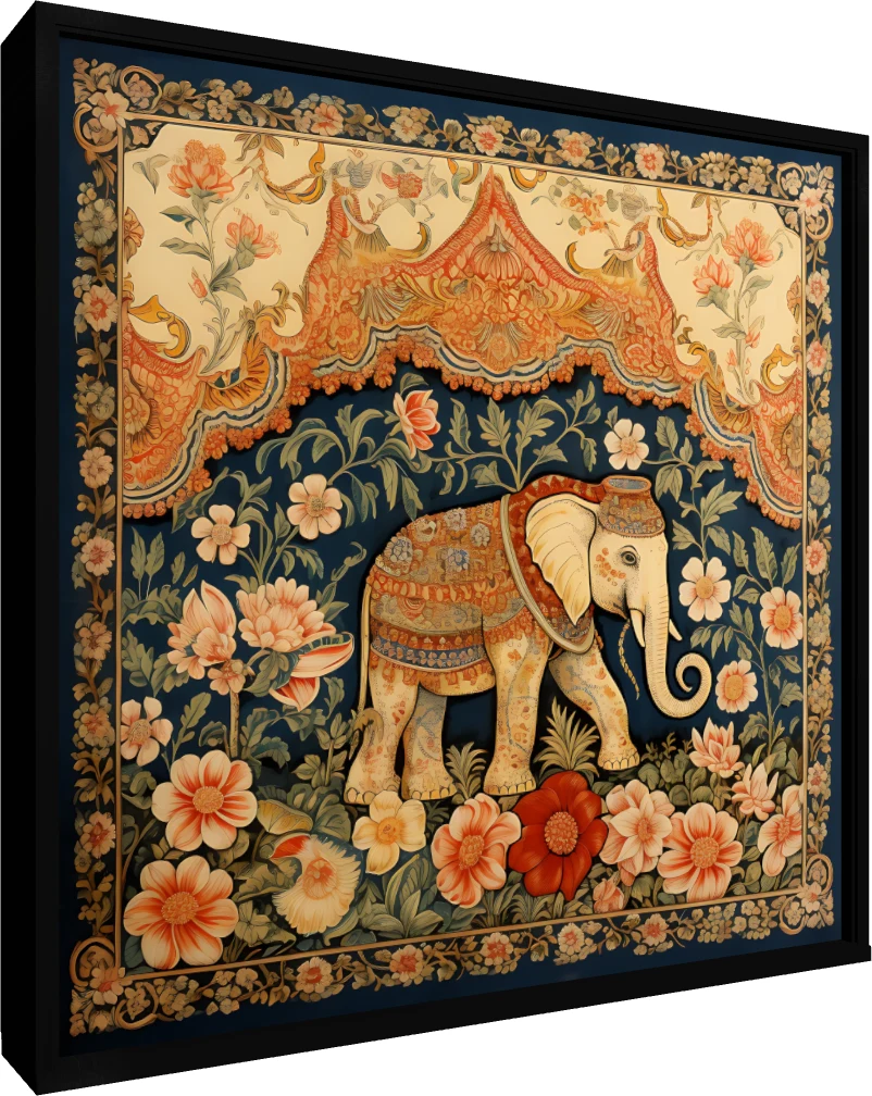 A highly decorative royal elephant walking through a lush floral garden under an ornate orange canopy in Pichwai style. — floater frame preview | PrintPosters.in