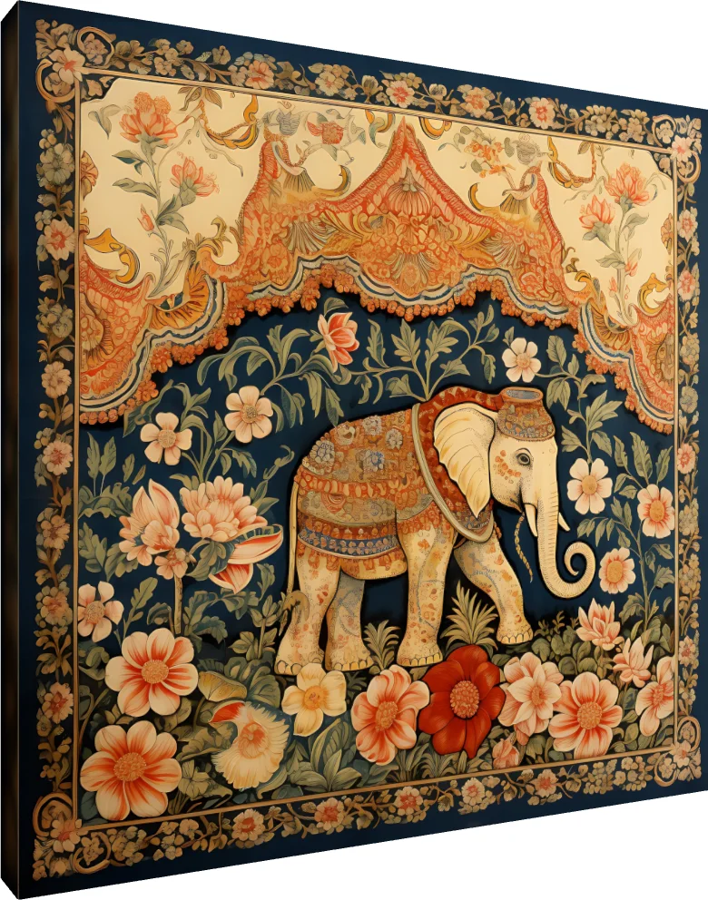 A highly decorative royal elephant walking through a lush floral garden under an ornate orange canopy in Pichwai style. | PrintPosters.in