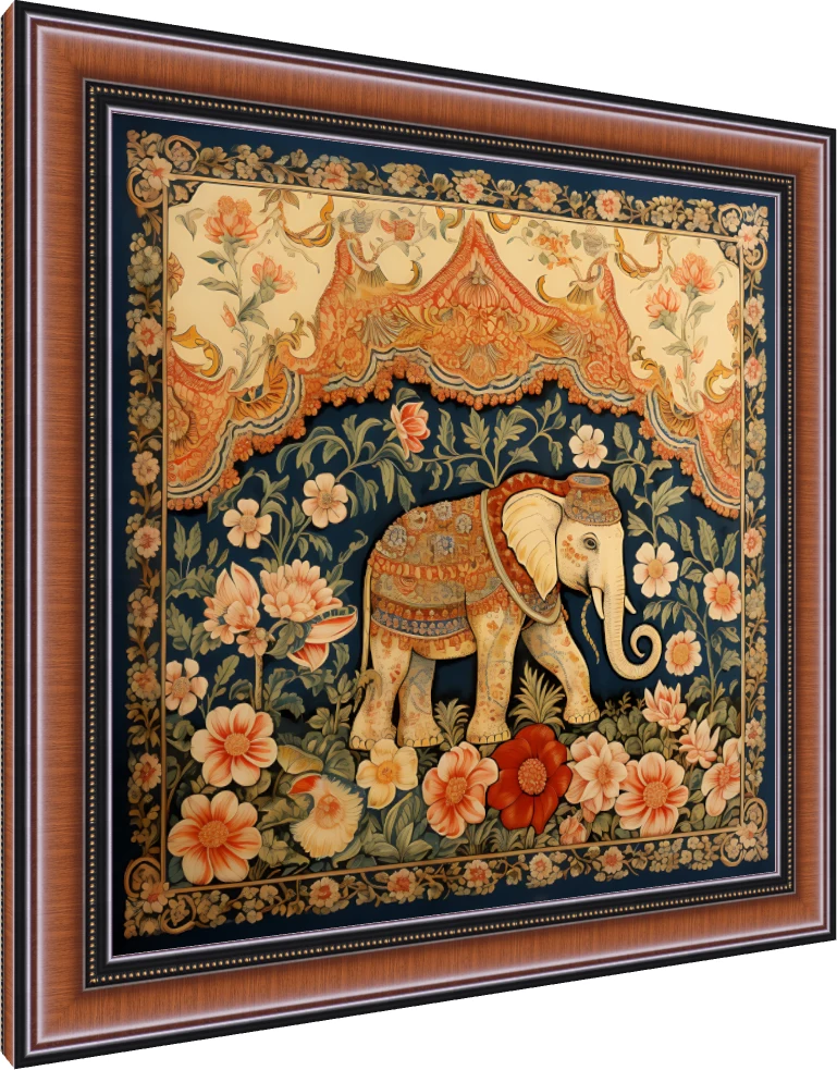 A highly decorative royal elephant walking through a lush floral garden under an ornate orange canopy in Pichwai style. — photo frame preview | PrintPosters.in