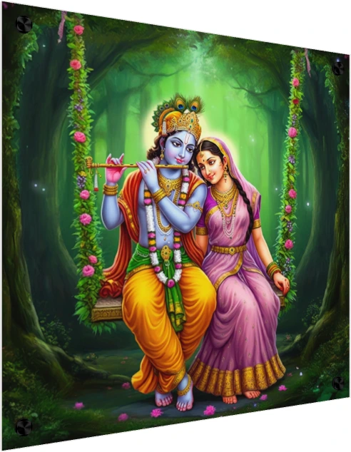 A vibrant painting of Lord Krishna and Radha sitting together on a flower-adorned swing in a lush green forest. — acrylic preview | PrintPosters.in