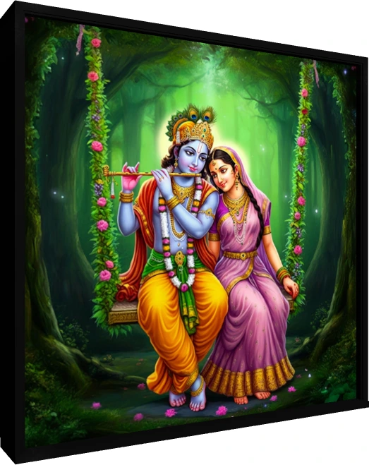 A vibrant painting of Lord Krishna and Radha sitting together on a flower-adorned swing in a lush green forest. — floater frame preview | PrintPosters.in