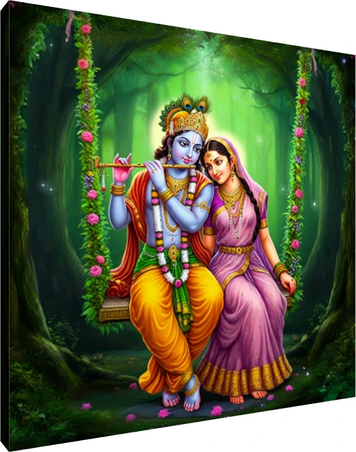 A vibrant painting of Lord Krishna and Radha sitting together on a flower-adorned swing in a lush green forest. | PrintPosters.in
