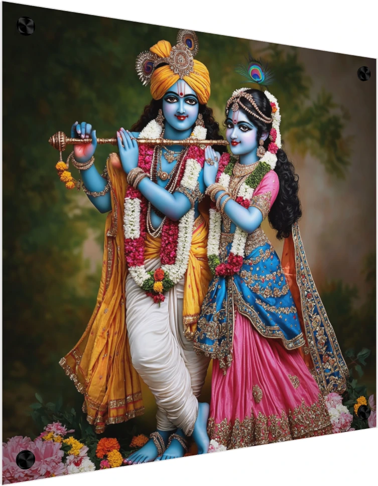 A detailed digital painting of Radha and Krishna in ornate blue, gold, and pink traditional attire, holding a flute. — acrylic preview | PrintPosters.in
