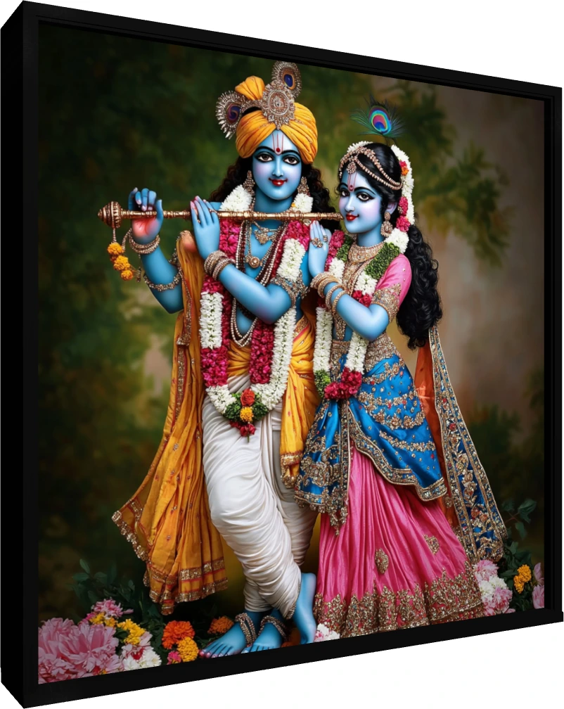 A detailed digital painting of Radha and Krishna in ornate blue, gold, and pink traditional attire, holding a flute. — floater frame preview | PrintPosters.in