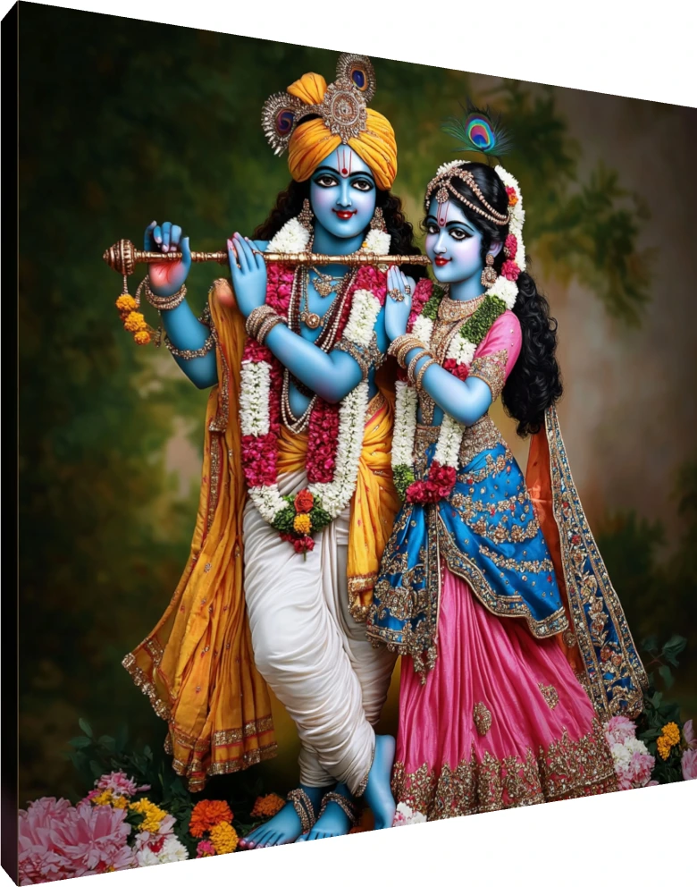A detailed digital painting of Radha and Krishna in ornate blue, gold, and pink traditional attire, holding a flute. | PrintPosters.in
