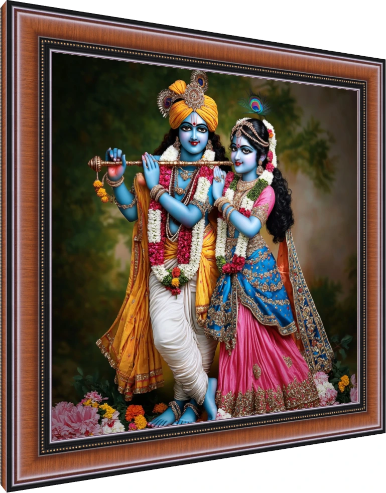 A detailed digital painting of Radha and Krishna in ornate blue, gold, and pink traditional attire, holding a flute. — photo frame preview | PrintPosters.in