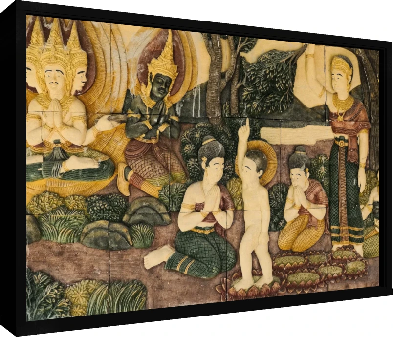 Buddhist Relief Mural Temple Panel Canvas Print wall art print — floater frame preview | PrintPosters.in