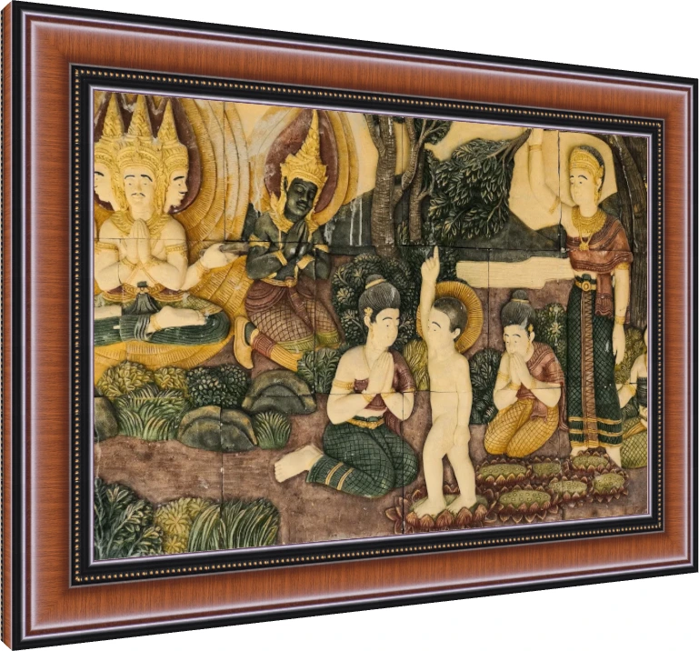 Buddhist Relief Mural Temple Panel Canvas Print wall art print — photo frame preview | PrintPosters.in