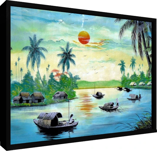Traditional Vietnamese River Sunset Canvas wall art print — floater frame preview | PrintPosters.in