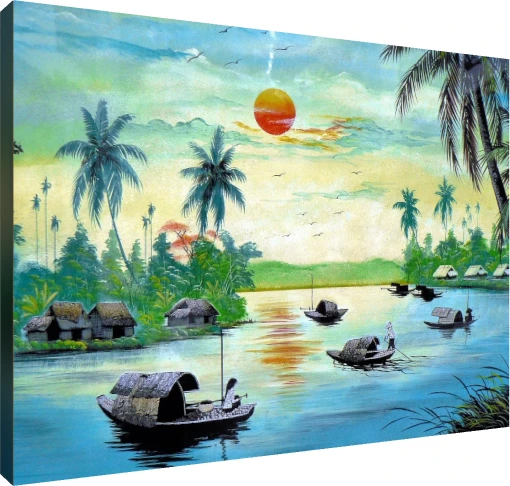 Traditional Vietnamese River Sunset Canvas wall art print | PrintPosters.in