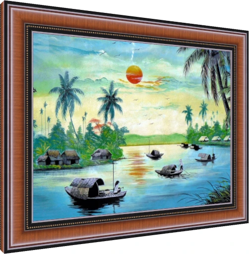 Traditional Vietnamese River Sunset Canvas wall art print — photo frame preview | PrintPosters.in