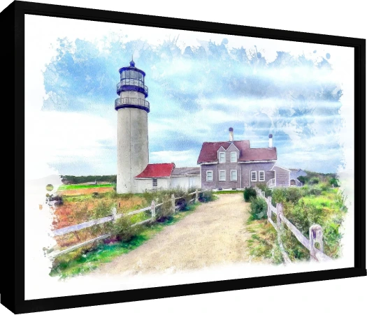 Watercolor Coastal Lighthouse Landscape Canvas wall art print — floater frame preview | PrintPosters.in