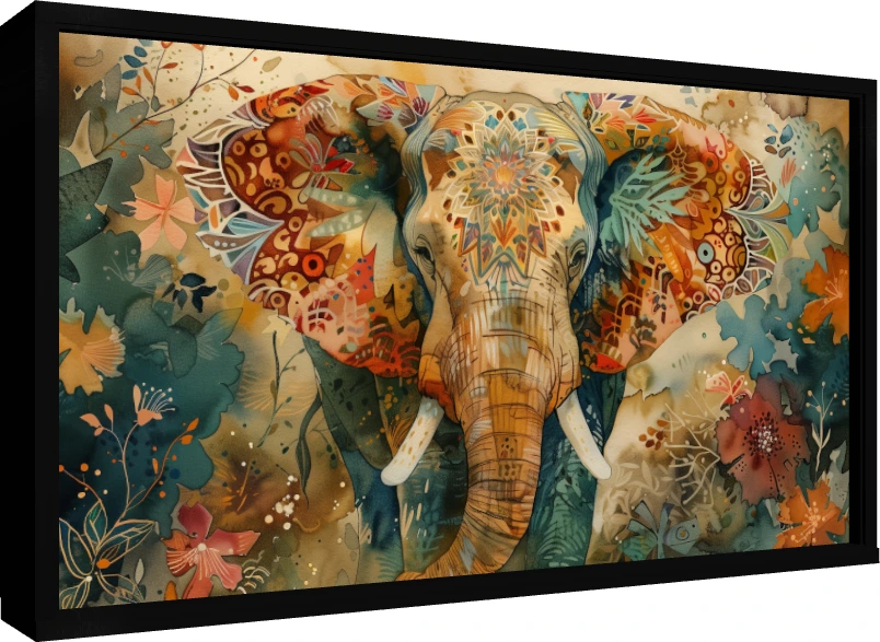 Colorful Patterned Elephant Watercolor Canvas wall art print — floater frame preview | PrintPosters.in
