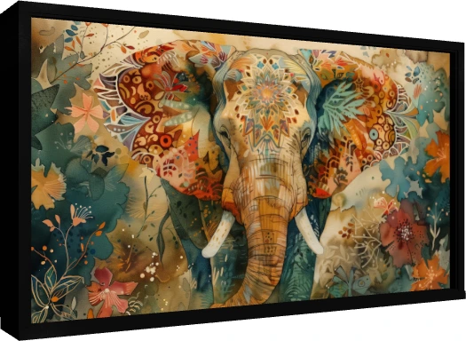 Colorful Patterned Elephant Watercolor Canvas wall art print — floater frame preview | PrintPosters.in