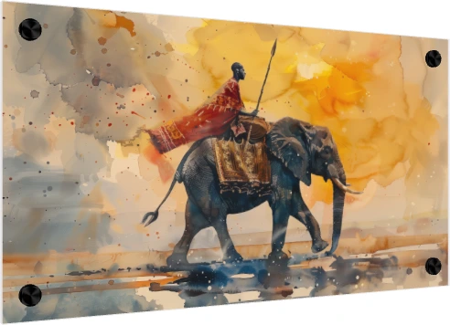 African Warrior Riding Elephant Watercolor Canvas wall art print — acrylic preview | PrintPosters.in