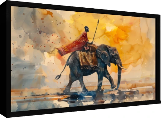 African Warrior Riding Elephant Watercolor Canvas wall art print — floater frame preview | PrintPosters.in
