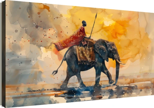 African Warrior Riding Elephant Watercolor Canvas wall art print | PrintPosters.in