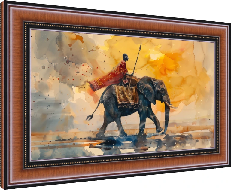 African Warrior Riding Elephant Watercolor Canvas wall art print — photo frame preview | PrintPosters.in