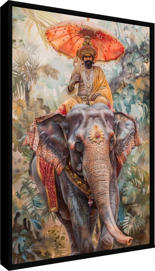 Royal Indian Elephant Rider Watercolor Canvas wall art print — floater frame preview | PrintPosters.in