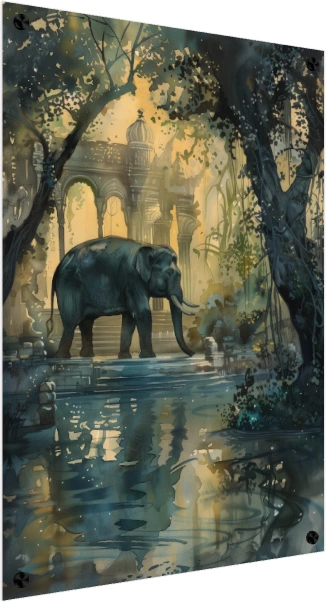 Elephant at Ancient Jungle Temple Watercolor Canvas wall art print — acrylic preview | PrintPosters.in