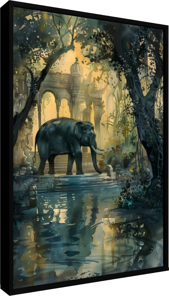 Elephant at Ancient Jungle Temple Watercolor Canvas wall art print — floater frame preview | PrintPosters.in