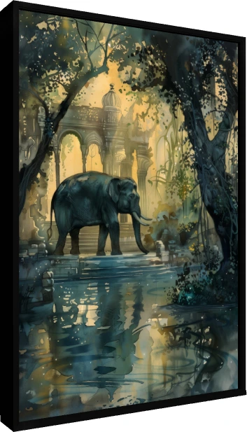 Elephant at Ancient Jungle Temple Watercolor Canvas wall art print — floater frame preview | PrintPosters.in