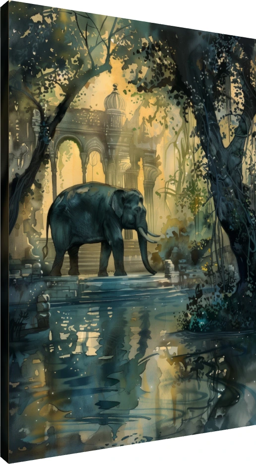 Elephant at Ancient Jungle Temple Watercolor Canvas wall art print | PrintPosters.in