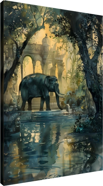 Elephant at Ancient Jungle Temple Watercolor Canvas wall art print | PrintPosters.in