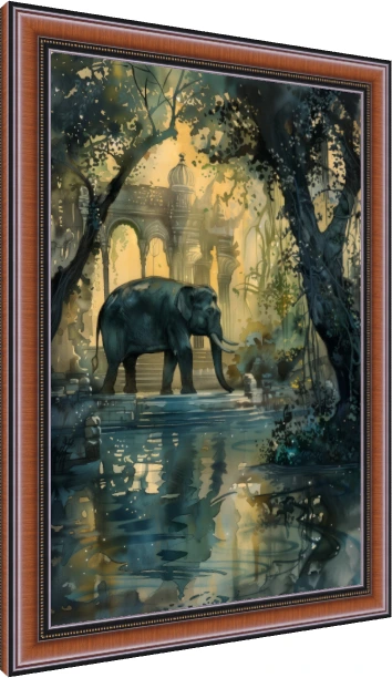 Elephant at Ancient Jungle Temple Watercolor Canvas wall art print — photo frame preview | PrintPosters.in