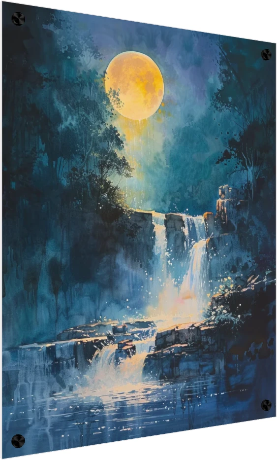 Mystical Waterfall Moon Watercolor Canvas wall art print — acrylic preview | PrintPosters.in