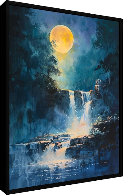 Mystical Waterfall Moon Watercolor — floater frame preview | PrintPosters.in