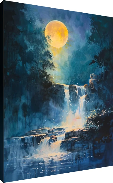 Mystical Waterfall Moon Watercolor | PrintPosters.in