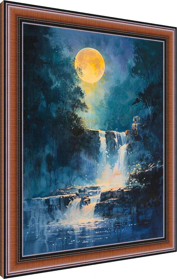 Mystical Waterfall Moon Watercolor Canvas wall art print — photo frame preview | PrintPosters.in
