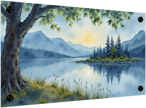 Serene Watercolor Lakeside Sunrise Canvas wall art print — acrylic preview | PrintPosters.in